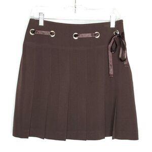 Preppy School Girl Pleated Skirt 6 Waist Grommets w/ Ribbon Brown Herman Geist